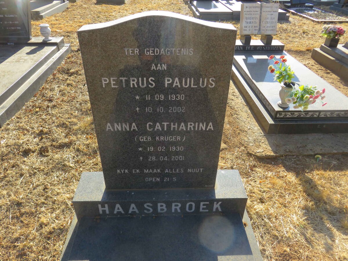 HAASBROEK Petrus Paulus 1930-2002 &amp; Anna Catharina KRUGER 1930-2001