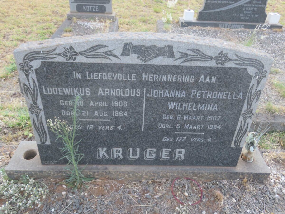 KRUGER Lodewikus Arnoldus 1903-1964 &amp; Johanna Petronella Wilhelmina 1907-1984