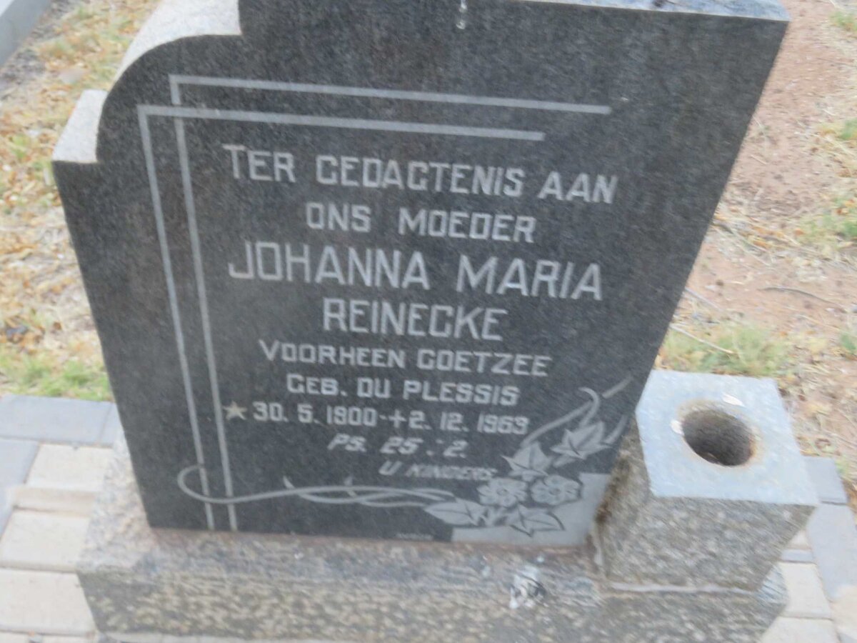 REINECKE Johanna Maria voorheen COETZEE nee DU PLESSIS 1900-1969