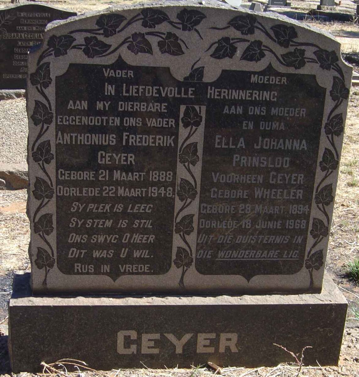 GEYER Anthonius Frederik 1888-1948 &amp; Ella Johanna PRINSLOO formerly GEYER nee WHEELER 1894-1968