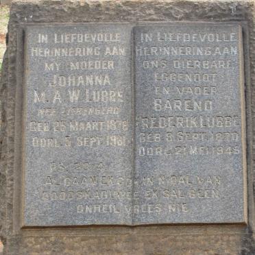 LUBBE Barend Frederik 1870-1945 &amp; Johanna M.A.W. LIEBENBERG 1876-1961