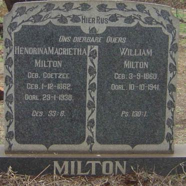 MILTON William 1860-1941 &amp; Hendrina Magrietha COETZEE 1862-1938