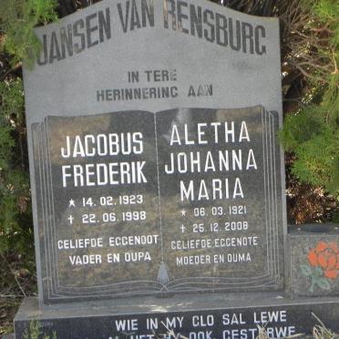 RENSBURG Jacobus Frederik, Jansen van 1923-1998 &amp; Aletha Johanna Maria 1921-2008