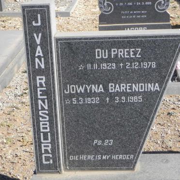 RENSBURG Du Preez, J. van 1929-1978 &amp; Jowyna Barendina 1932-1985