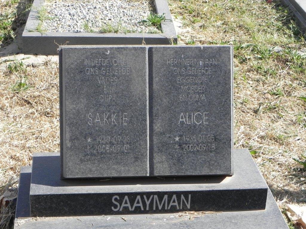 SAAYMAN Sakkie 1930-2006 &amp; Alice 1935-2002