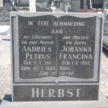 HERBST Andries Petrus 1911-1989 &amp; Johanna Francina 1932-