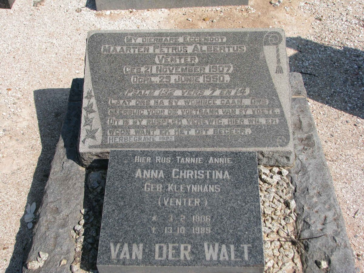 VENTER Maarten Petrus Albertus 1907-1950 &amp; Anna Christina VAN DER WALT formerly  VENTER nee KLEYHANS 1906-1989
