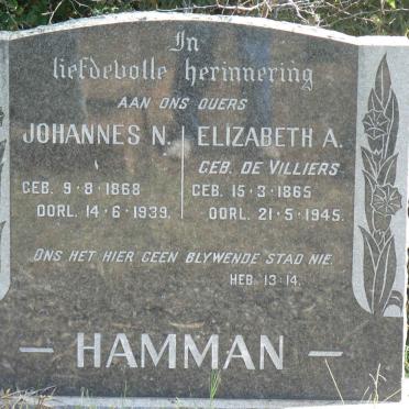 HAMMAN Johannes N. 1868-1939 &amp; Elizabeth A. DE VILLIERS 1865-1945