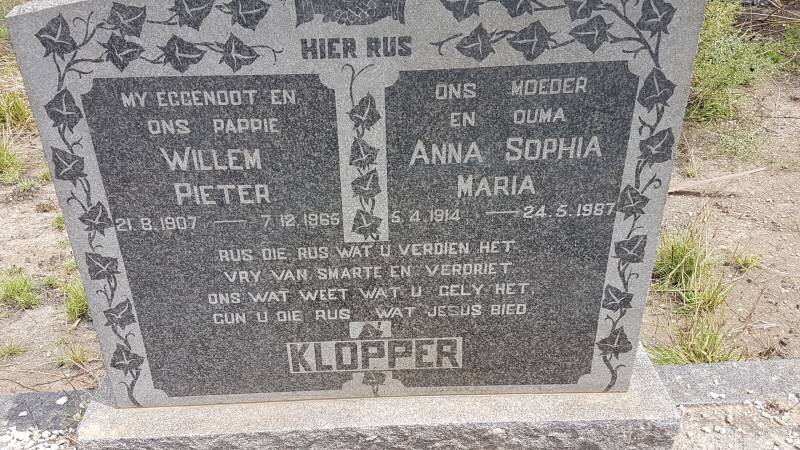 KLOPPER Willem Pieter 1907-1965 &amp; Anna Sophia Maria 1914-1987