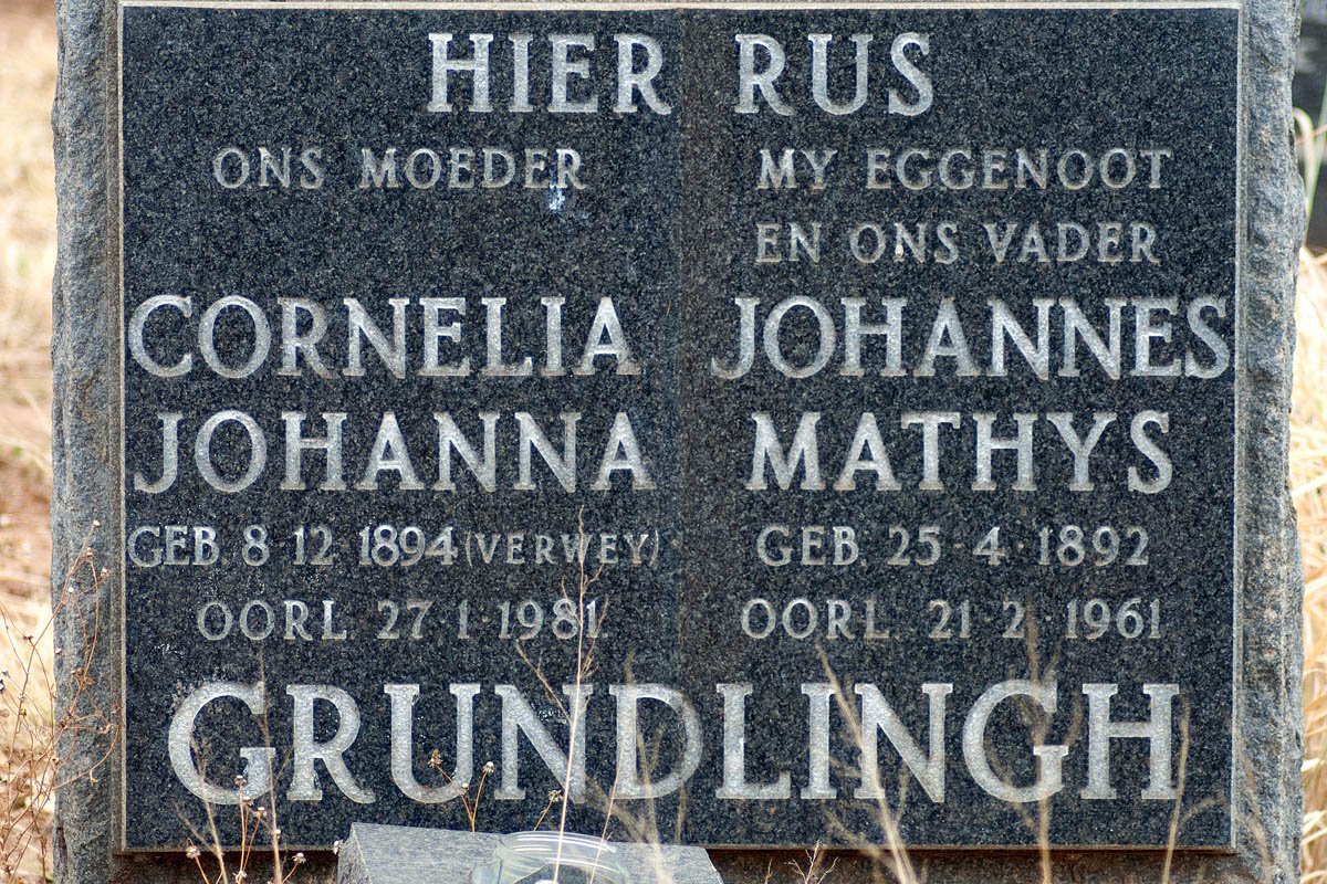 GRUNDLINGH Johannes Mathys 1892-1961 &amp; Cornelia Johanna VERWEY 1894-1981