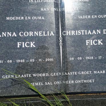 FICK Christiaan Daniel 1928-2007 &amp; Anna Cornelia 1946-2001