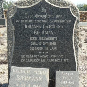 BIERMAN Johanna Carolina nee NIEUWOUDT -1949 :: BIERMAN Edzard Adolf 1936-1995 :: BIERMAN Heletje Maria 1942-