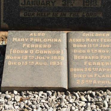 FERRERO Mary Philomina nee O'CONNOR 1859-1931 :: FERRERO Agnes Mary 1901-1901, FERRERO Bernard Patrick  -1918