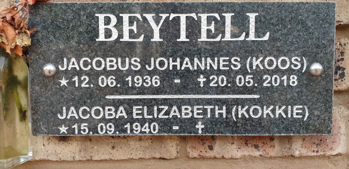BEYTELL Jacobus Johannes 1936-2018 &amp; Jacoba Elizabeth 1940-