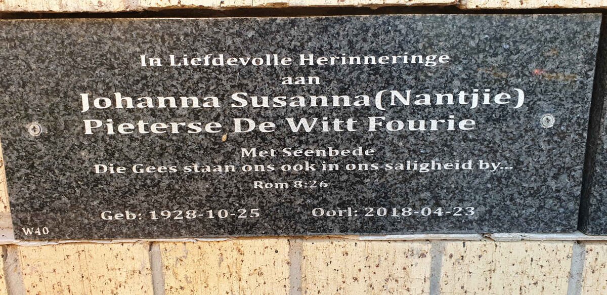 FOURIE Johanna Susanna Pieterse de Witt 1928-2018