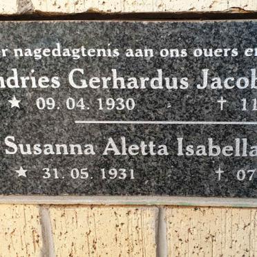 VENTER Andries Gerhardus Jacobus 1930-2012 &amp; Susanna Aletta Isabella 1931-2013