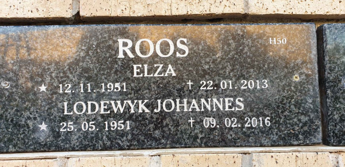 ROOS Lodewyk Johannes 1951-2016 &amp; Elza 1951-2013