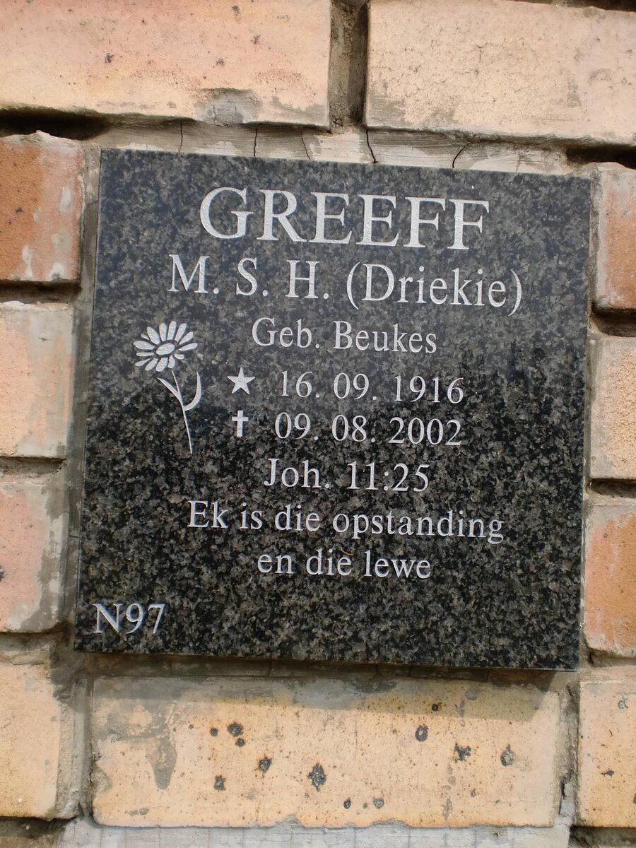 GREEFF M.S.H. nee BEUKES 1916-2002