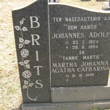 BRITS Johannes Adolph 1924-1994 &amp; Martha Johanna Agatha Catharina 1928-