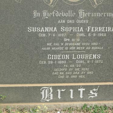 BRITS Gideon Lourens 1893-1972 &amp; Susanna Sophia nee FERREIRA 1897-1968