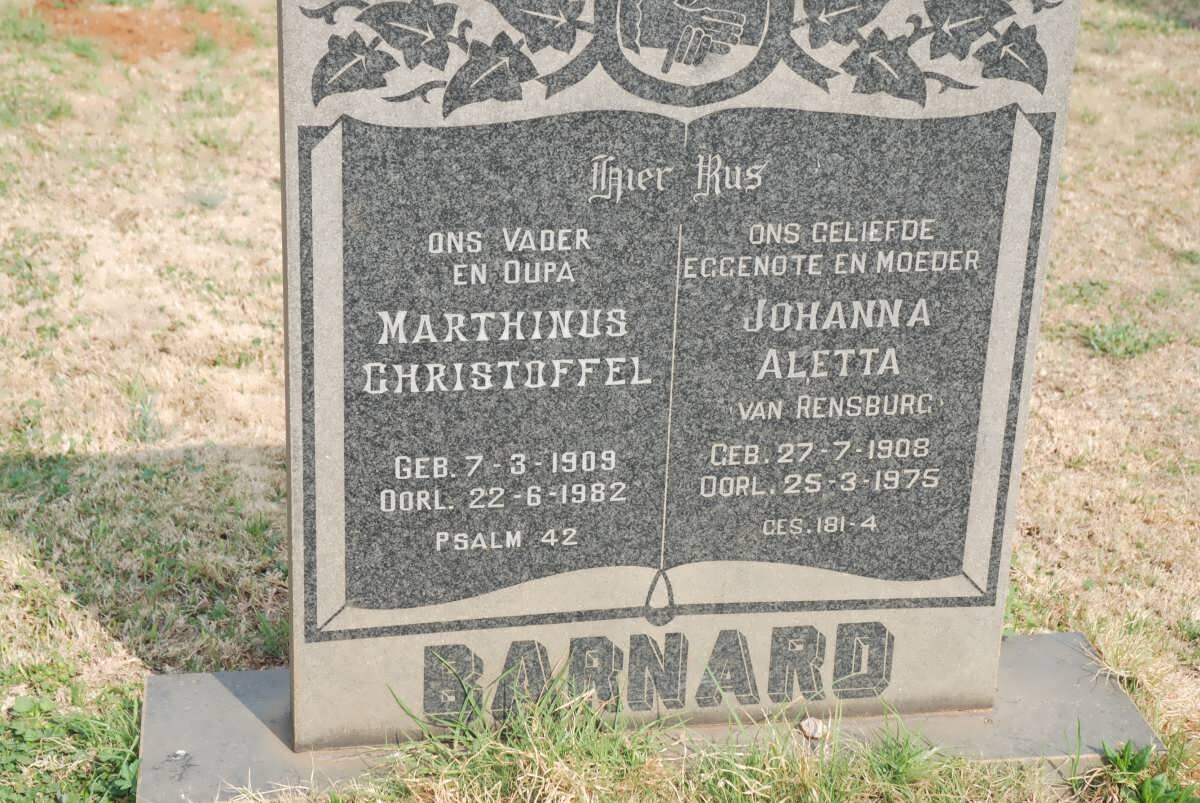 BARNARD Marthinus Christoffel 1909-1982 &amp; Johanna Aletta VAN RENSBURG 1908-1975