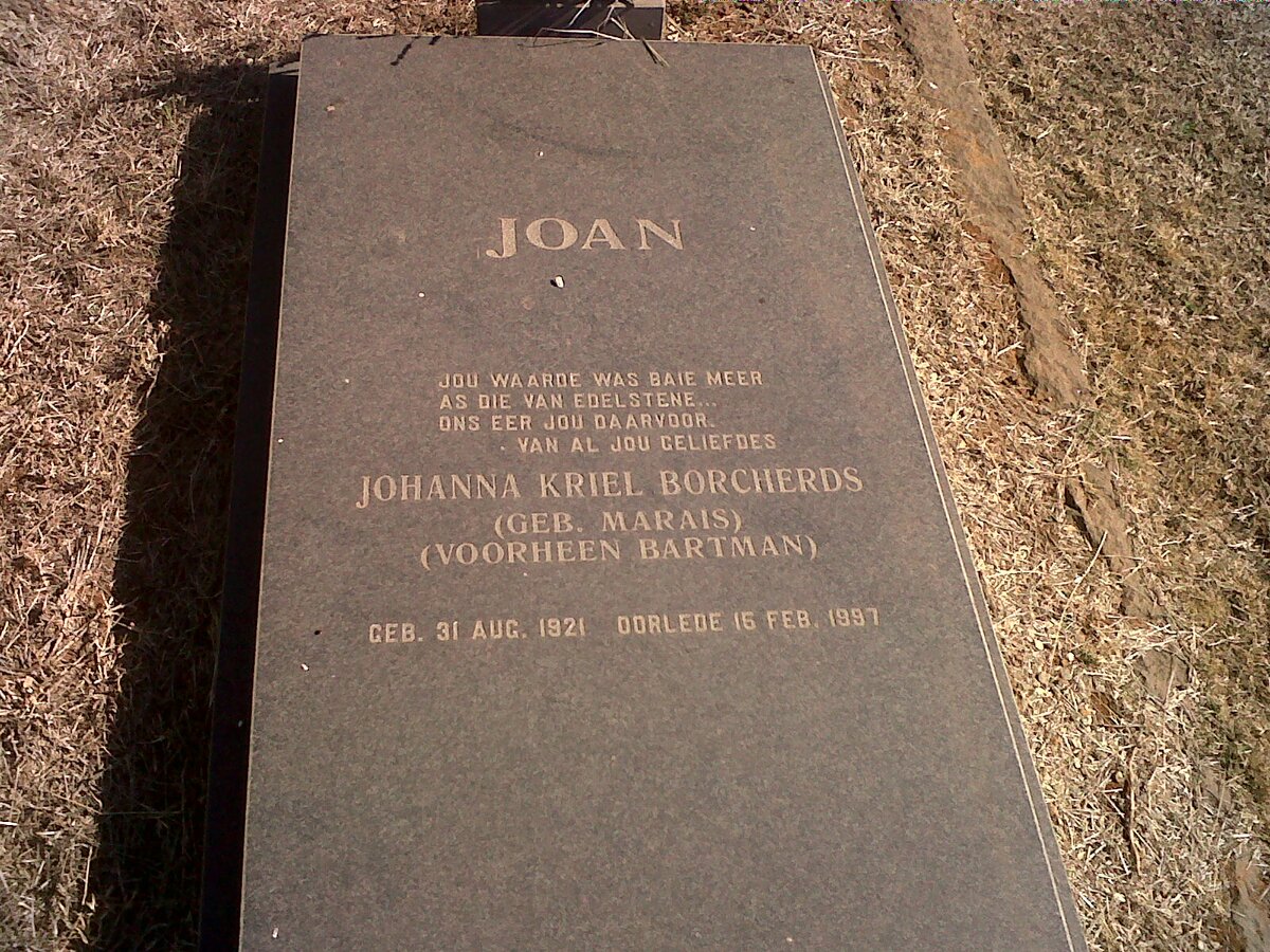 BORCHERDS Johanna Kriel voorheen BARTMAN nee MARAIS 1921-1997
