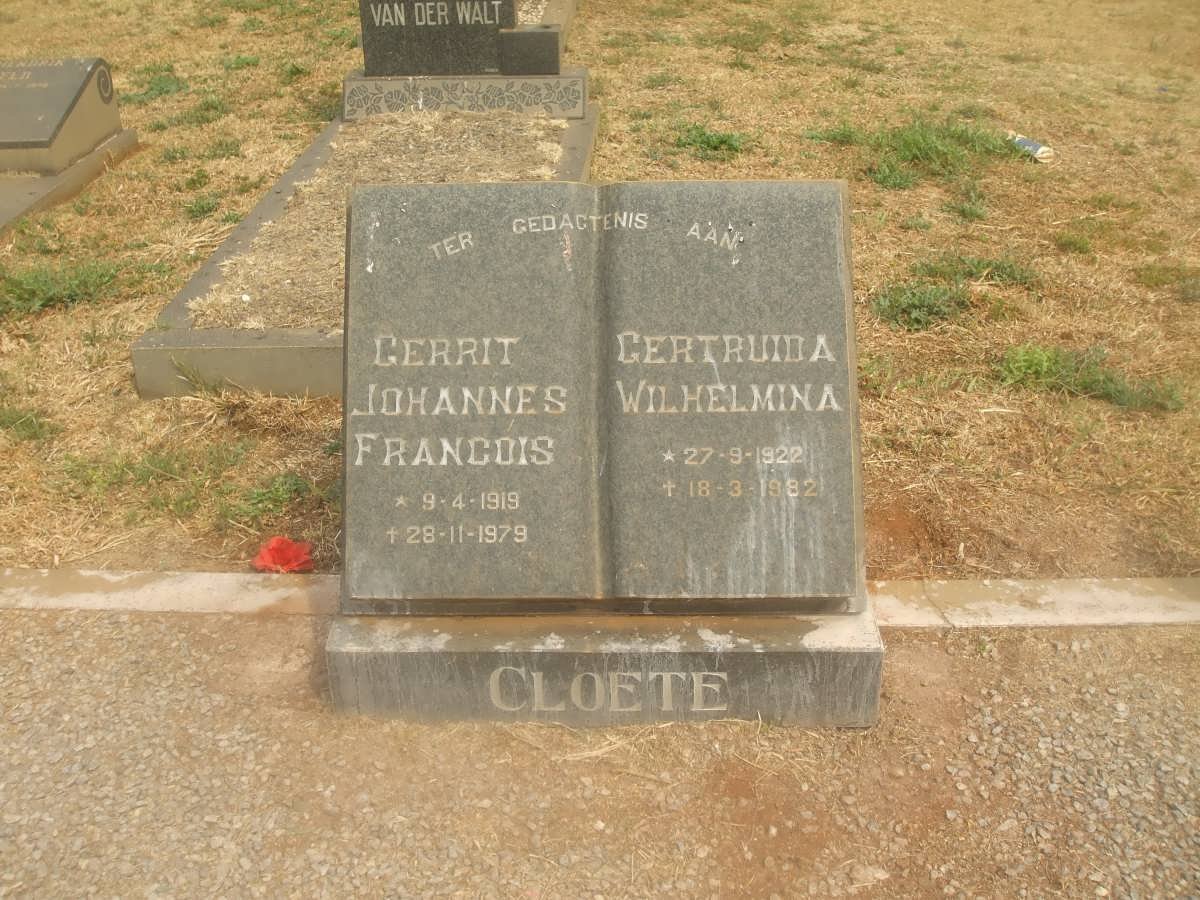 CLOETE Gerrit Johannes Francois 1919-1979 &amp; Gertruida Wilhelmina 1922-1982