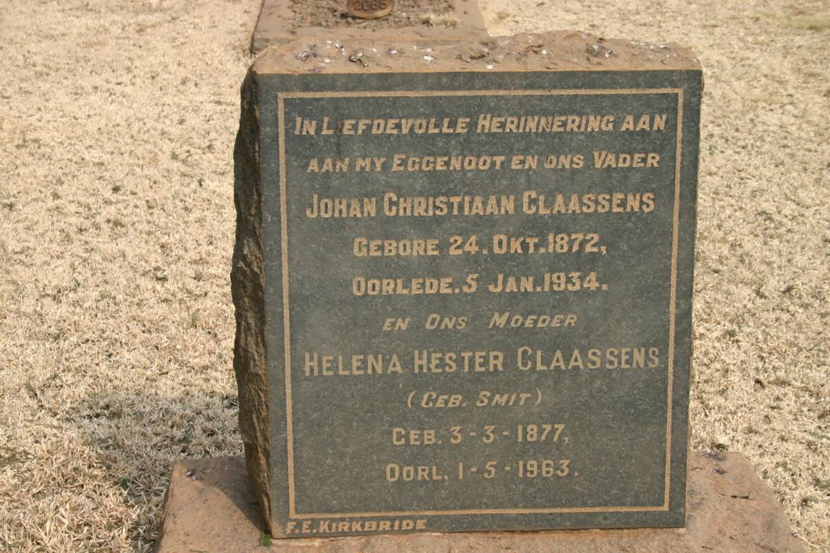 CLAASSENS Johan Christiaan 1872-1934 &amp; Helena Hester SMIT 1977-1963