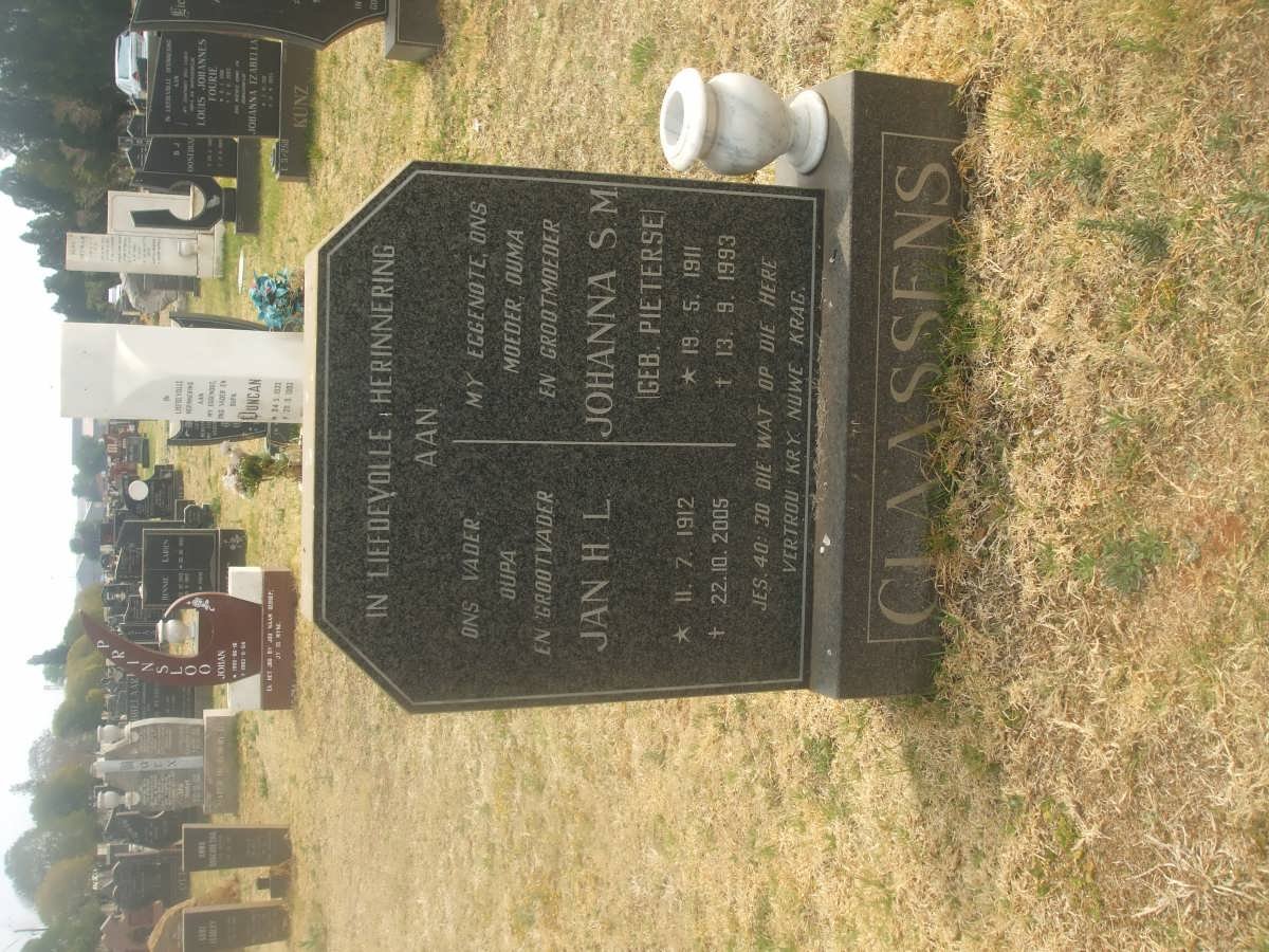 CLAASSENS Jan Hendrik Lodewicus 1912-2005 &amp; Johanna Susanna Magdalena PIETERSE 1911-1993