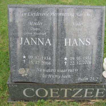 COETZEE Hans 1931-2006 &amp; Janna 1934-2004