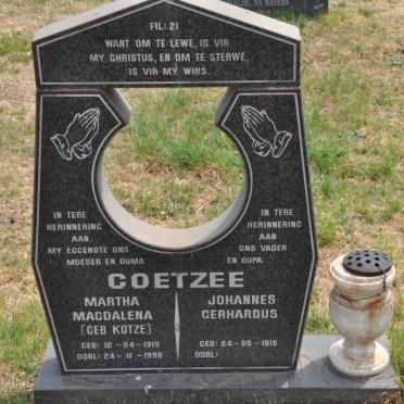 COETZEE Johannes Gerhardus 1915- &amp; Martha Magdalena KOTZE 1919-1998