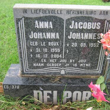 DELPORT Jacobus Johannes 1952- &amp; Anna Johanna LE ROUX 1955-2004