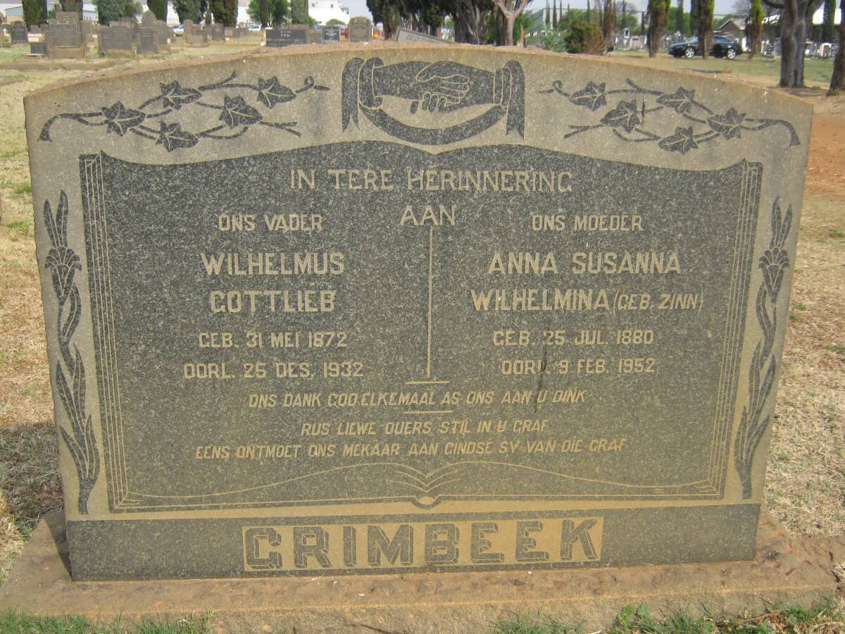 GRIMBEEK Wilhelmus Gottlieb 1892-1932 &amp; Anna Susanna Wilhelmus ZINN 1880-1952