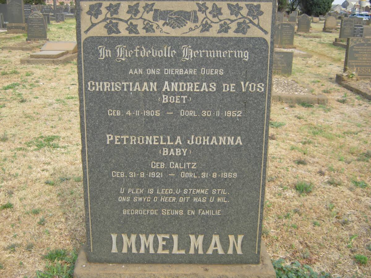 IMMELMAN Christiaan Andreas De Vos 1905-1952 &amp; Petronella Johanna CALITZ 1921-1969 