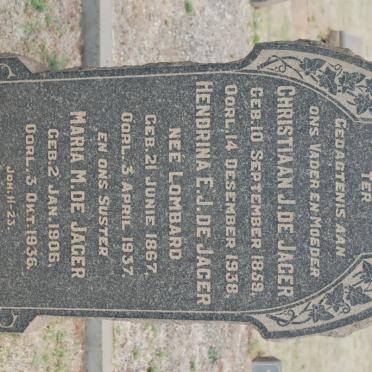 JAGER Christiaan J., de 1859-1938 &amp; Hendrina E.J. LOMBARD 1867-1937 :: DE JAGER Maria M. 1906-1936