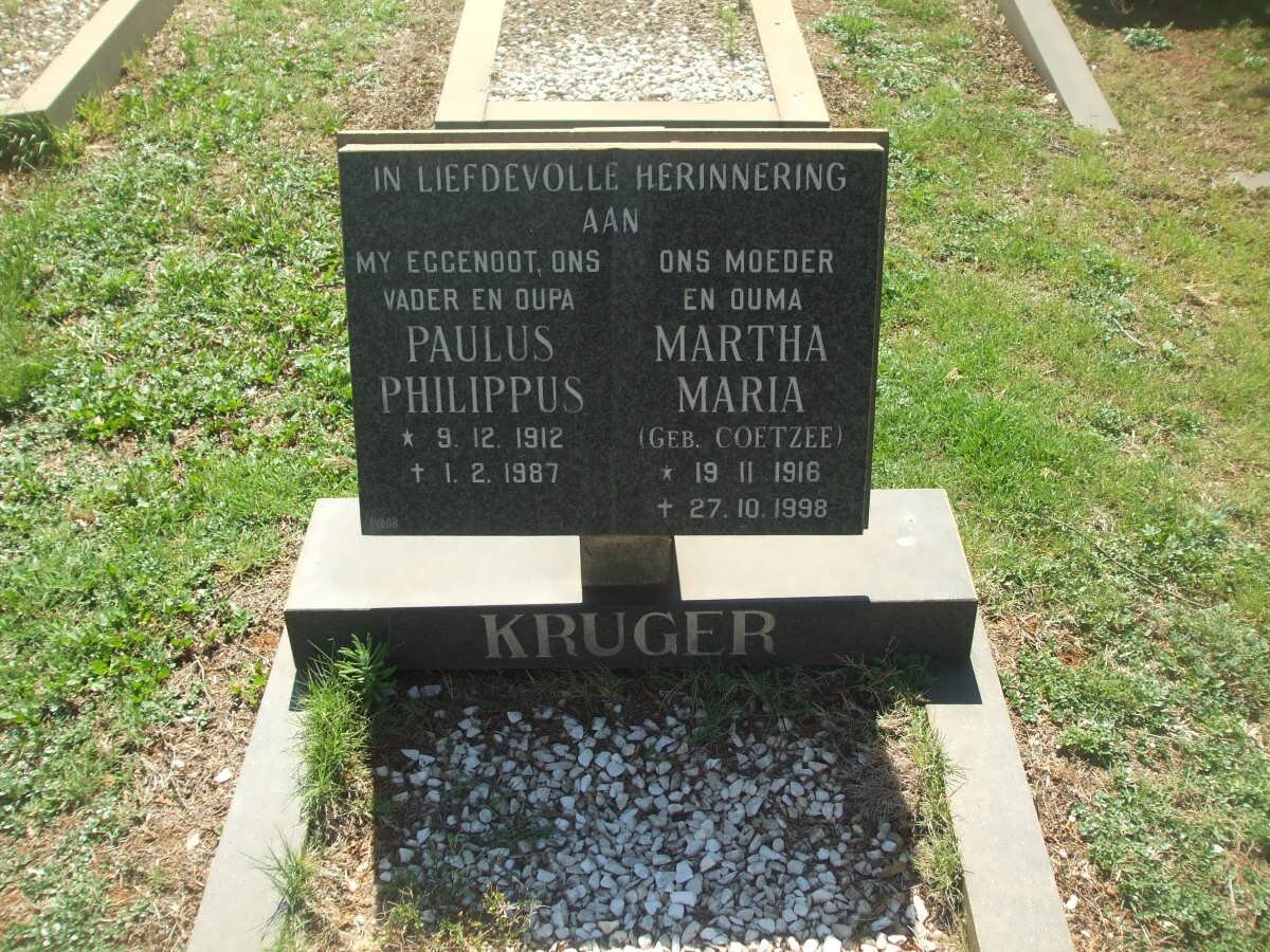 KRUGER Paulus Philippus 1912-1987 &amp; Martha Maria COETZEE 1916-1998