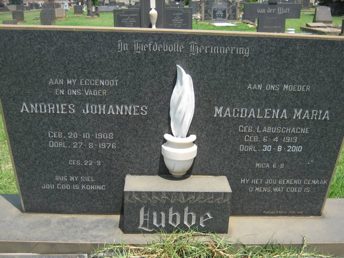 LUBBE Andries Johannes 1908-1976 &amp; Magdalena Maria LABUSCHAGNE 1913-2010