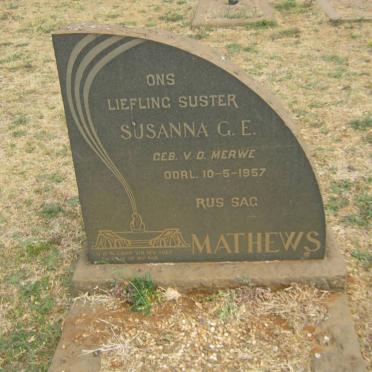 MATHEWS Susanna G.E. nee V.D. MERWE -1957