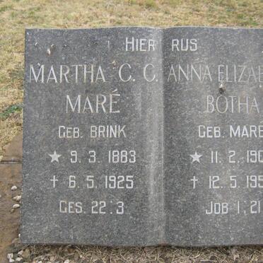 MARÉ Martha C.C. nee BRINK 1883-1925 :: BOTHA Anna Elizabeth nee MARE 1906-1959