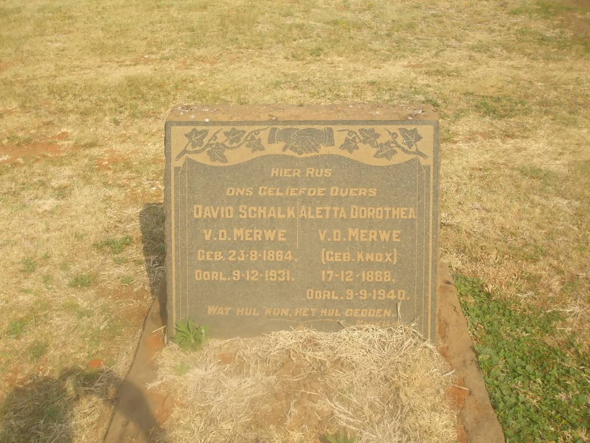 MERWE David Schalk, van der 1864-1931 &amp; Aletta Dorothea KNOX 1868-1940