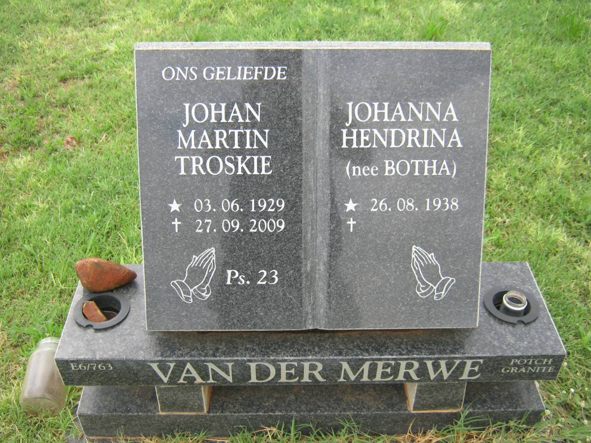 MERWE Johan Martin Troskie, van der 1929-2009 &amp; Johanna Hendrina BOTHA 1938-
