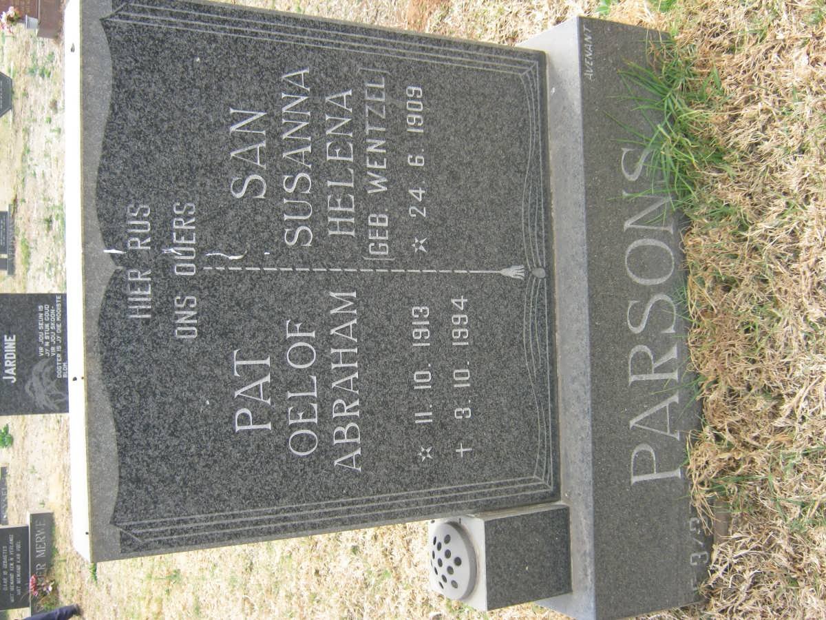 PARSONS Oelof Abraham 1913-1994 &amp; Susanna Helena WENTZEL 1909-