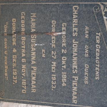 PIENAAR Charles Johannes 1864-1933 &amp; Maria Susanna BOTHA 1870-1937