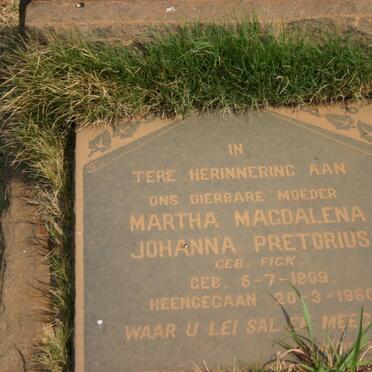 PRETORIUS Martha Magdalena Johanna nee FICK 1899-1960
