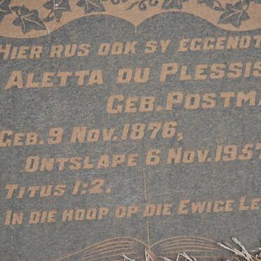 PLESSIS Aletta, du nee POSTMA 1876-1957
