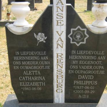 RENSBURG David Philippus, Janse van 1937-2005 &amp; Aletta Catharina Elizabeth 1943-