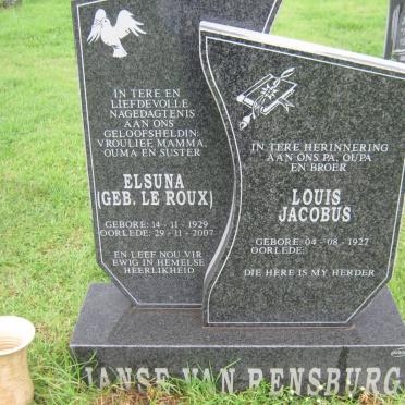 RENSBURG Louis Jacobus, Janse van 1927- &amp; Elsuna LE ROUX 1929-2007