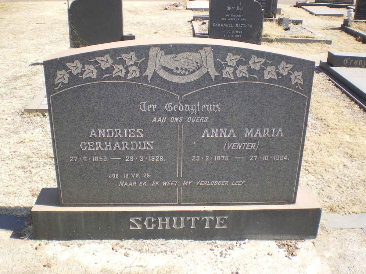 SCHUTTE Andries Gerhardus 1856-1929 &amp; Anna Maria VENTER 1878-1964