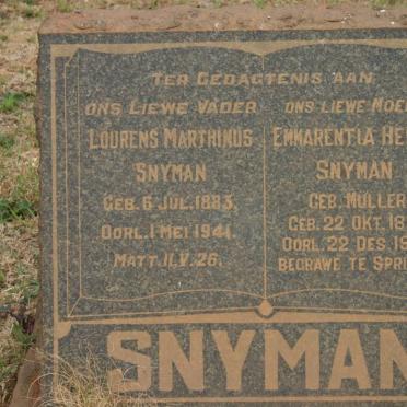 SNYMAN Lourens Marthinus 1883-1941 &amp; Emmarentia Hester MÜLLER 1892-1968