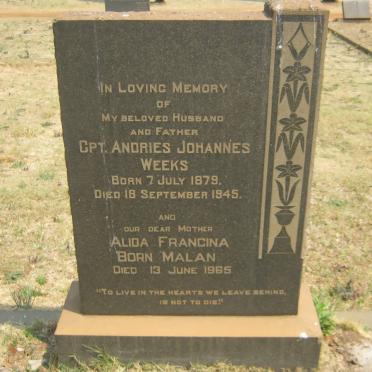 WEEKS Andries Johannes 1879-1945 &amp; Alida Francina MALAN -1965